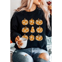 Black Floral Pumpkin Graphic Round Neck Halloween Sweatshirt - L thumbnail