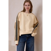 Beige Contrast Striped Patchwork Drop Shoulder Loose Sweatshirt - S thumbnail