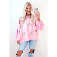 Light Pink Embroidered Bow Lantern Sleeve Oversized Pullover Sweatshirt - 2XL thumbnail