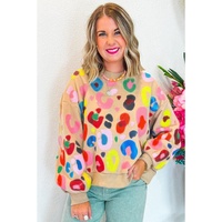 Khaki Multicolor Leopard Printed Drop Shoulder Pullover Sweatshirt - S thumbnail