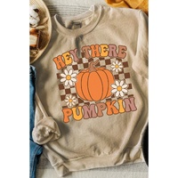 Khaki Floral Checkered Pumpkin Graphic Drop Shoulder Thanksgiving Sweatshirt - XL thumbnail