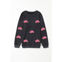 Black Glittering Cowboy Hat Patched Corded Pullover Sweatshirt - L thumbnail