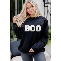 Black Chenille BOO Patched Pattern Crewneck Halloween Sweatshirt - L thumbnail