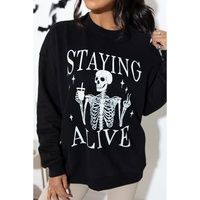 Black STAYING ALIVE Skull Graphic Crewneck Halloween Sweatshirt - M thumbnail