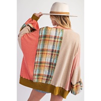 Multicolour Waffle Knit Plaid Patchwork Side Slits Loose Sweatshirt - S thumbnail