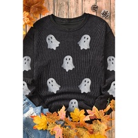 Black Halloween Ghost Corded Crew Neck Loose Sweatshirt - M thumbnail