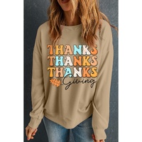 Khaki THANKS giving Leaves Printed Drop Shoulder Sweatshirt - L thumbnail