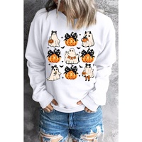 Beige Halloween Ghost Pumpkin Print Crew Neck Sweatshirt - L thumbnail