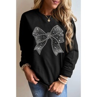 Black Rhinestone Bowknot Graphic Crewneck Pullover Sweatshirt - S thumbnail