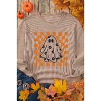 Khaki Checkerboard Floral Ghost Graphic Corded Halloween Sweatshirt - M thumbnail