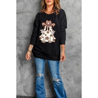 Black Halloween Floral Ghost Print Pullover Graphic Sweatshirt - L thumbnail