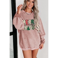 Pink MERRY and BRIGHT Christmas Tree Print Ribbed Sweatshirt - L thumbnail