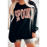 Black SPOOKY Graphic Drop Shoulder Halloween Pullover Sweatshirt - S thumbnail