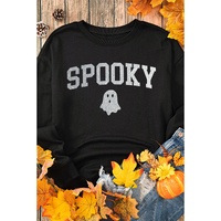 Black Glitter SPOOKY Ghost Pattern Crew Neck Halloween Sweatshirt - S thumbnail