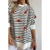 Black Stripe Sequin Rugby Football Side Slits Oversized Sweatshirt - L thumbnail