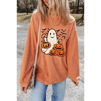 Orange Halloween Ghost Pumpkin Bat Print Corded Pullover Sweatshirt - L thumbnail