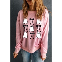 Pink Ghost Bowknot Printed Drop Shoulder Halloween Sweatshirt - S thumbnail