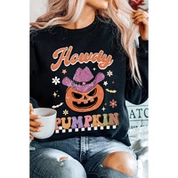 Black Halloween Howdy PUMPKIN Print Crew Neck Pullover Sweatshirt - L thumbnail