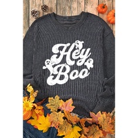 Gray Corded Hey Boo Ghost Graphic Drop Shoulder Halloween Sweatshirt - M thumbnail