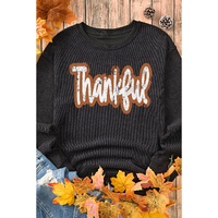 Black Thankful Printed Drop Shoulder Corded Thanksgiving Sweatshirt - L thumbnail