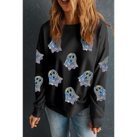 Black Glitter Ghosts Pattern Long Sleeve Halloween Sweatshirt - S thumbnail