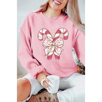 Pink Christmas Bow Candy Cane Graphic Drop Shoulder Crew Neck Sweatshirt - S thumbnail