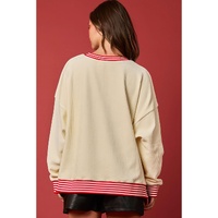 Beige Santa Skiing Graphic Striped Trim Corded Sweatshirt - L thumbnail