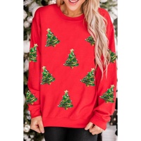 Red Sequin Christmas Tree Graphic Drop Shoulder Sweatshirt - S thumbnail