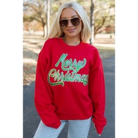 Red Merry Christmas Crewneck Drop Shoulder Loose Sweatshirt - M thumbnail