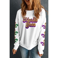 Beige Sequin Mardi Gras Patched Pattern Fleur de Lis Sleeve Sweatshirt - XL thumbnail