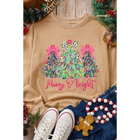 Khaki Merry & Bright Christmas Tree Print Pullover Sweatshirt - S thumbnail