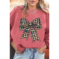 Strawberry Pink Checkered Bow Print Ribbed Crew Neck Pullover Sweatshirt - L thumbnail