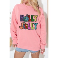 Pink HOLLY JOLLY Christmas Festive Letter Graphic Sweatshirt - M thumbnail