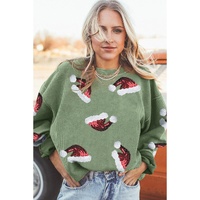 Grass Green Sequined Christmas Hat Graphic Winter Corded Sweatshirt - L thumbnail