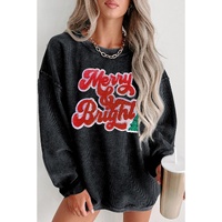 Black Merry & Bright Christmas Tree Pattern Corded Baggy Sweatshirt - 3XL thumbnail