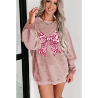 Pink Valentines Heart Checkered Bow Pattern Corded Baggy Sweatshirt - M thumbnail