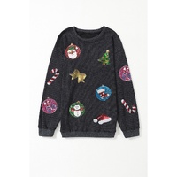 Black Sequined Christmas Elements Corded Baggy Sweatshirt - 2XL thumbnail
