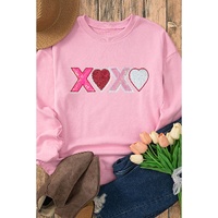 Pink Sequin Heart XOXO Graphic Drop Shoulder Valentines Sweatshirt - L thumbnail