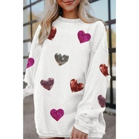 White Valentines Heart Patched Pattern Corded Pullover Sweatshirt - S thumbnail