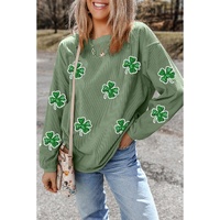 Grass Green Ribbed Four Leaf Clover Graphic St. Patricks Pullover Sweatshirt - S thumbnail