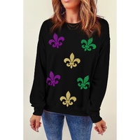 Black Mardi Gras Fleur de Lis Graphic Round Neck Pullover Sweatshirt - L thumbnail