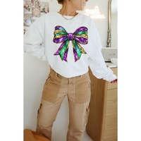 White Mardi Gras Bow Graphic Drop Shoulder Sweatshirt - S thumbnail