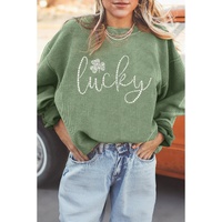 Grass Green Rhinestone lucky Clover Graphic Ribbed St Patrick Sweatshirt - S thumbnail