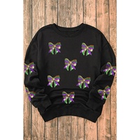 Black Sequin Mardi Gras Bow Graphic Drop Shoulder Pullover Sweatshirt - L thumbnail