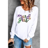 White Sequined mardi gras Graphic Crew Neck Drop Shoulder Sweatshirt - L thumbnail