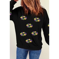 Black Sequined Donuts of Mardi Gras Colors Drop Shoulder Sweatshirt - L thumbnail