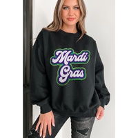 Black Mardi Gras Chenille Patched Graphic Drop Shoulder Sweatshirt - L thumbnail