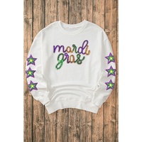 White Sequin mardi gras Graphic Star Sleeve Pullover Sweatshirt - L thumbnail