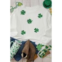 White Sequin Clover Patched Drop Shoulder Corded Sweatshirt - M thumbnail