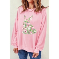Pink Floral Bunny Printed Crewneck Easter Fashion Sweatshirt - M thumbnail